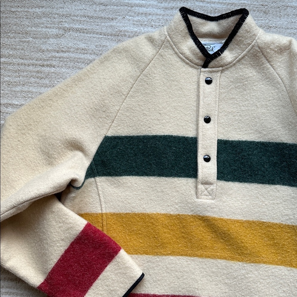 Woolrich Hudson Bay Stripe Pullover Sweater Womens Beige Snap 70s 80s USA Large - Picture 6 of 15